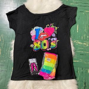 Girls 80’s T Shirt Arm Warmers Lightning Bolt Earrings Costume Sz XL Dress Up